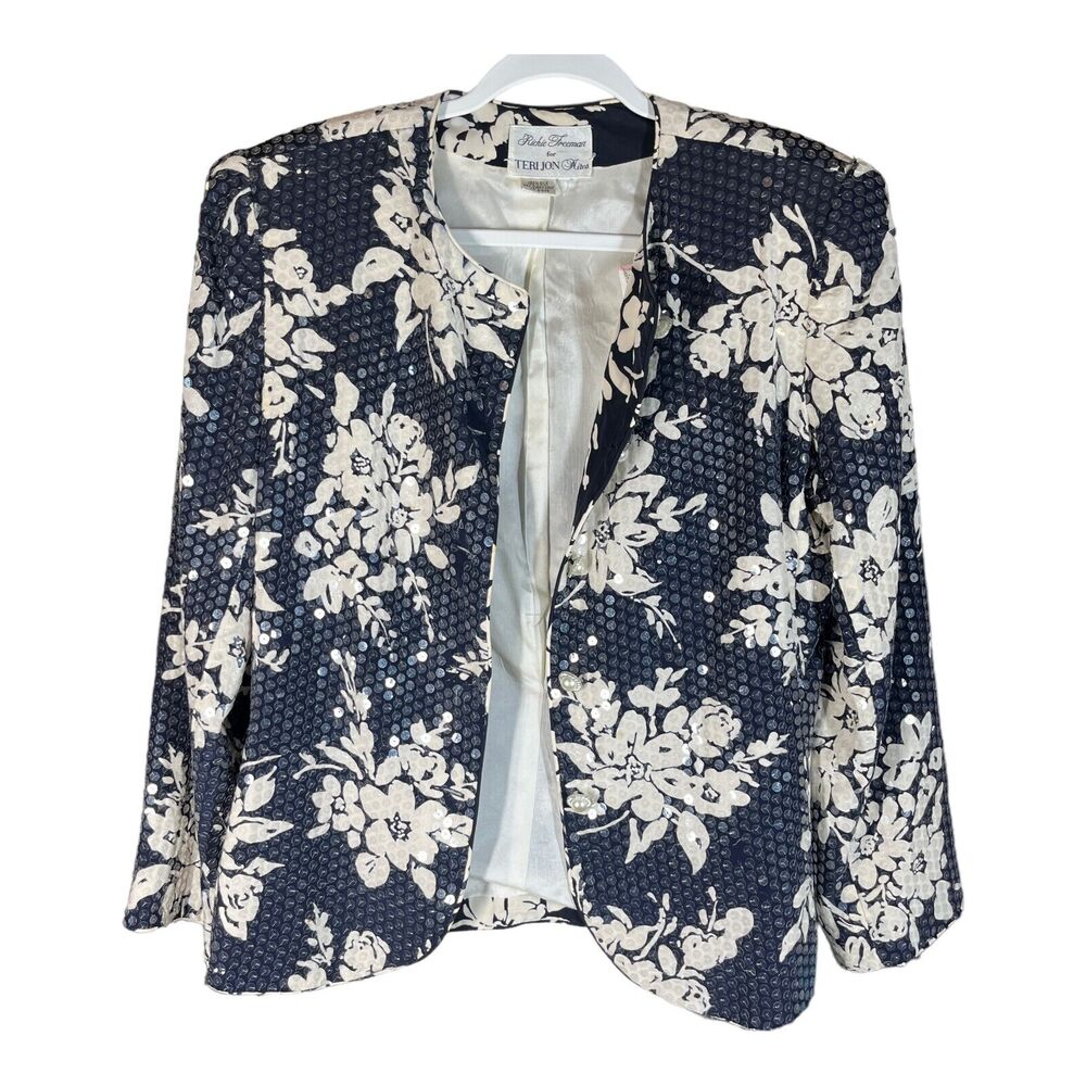 Rickie Freeman For Teri Jon Vintage Womens M Sequin Floral Jacket 100% Silk Blue